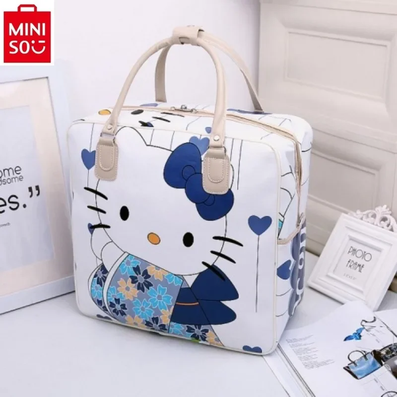 MINISO Sanrio Cartoon Hello Kitty Printed Travel Bag Women's PU Waterproof Large Capacity Multi functional Luggage Storage Bag