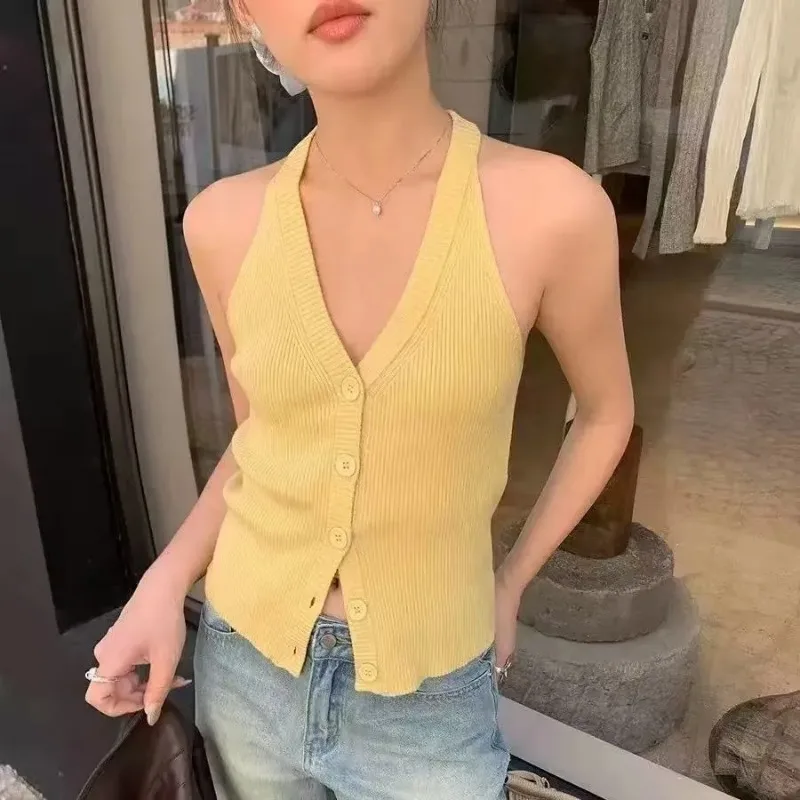 

Женский вязаный топ без рукавов с v-образным вырезом и пуговицами спереди, облегающий стильный повседневный офисный повседневный многоцветный трикотажный жилет