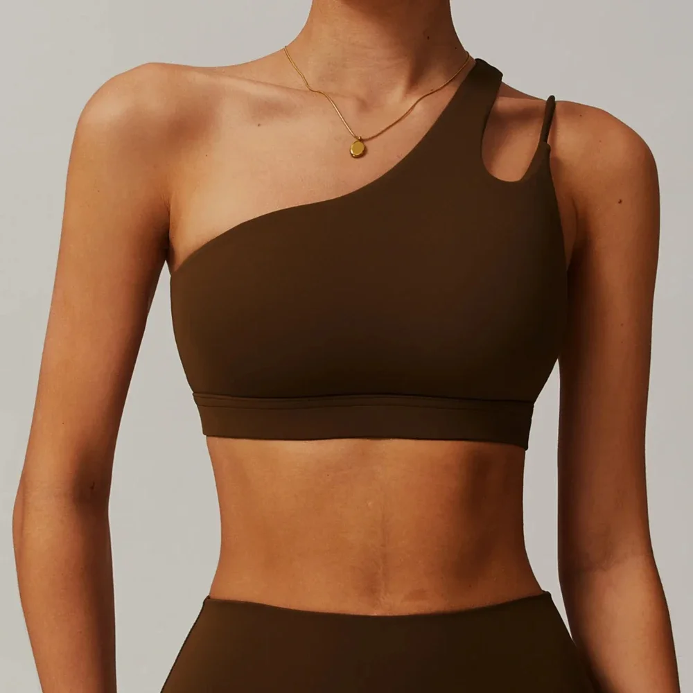Sexy One Shoulder Sports Bra Women High Support Impact Open Back Yoga Underwear Slim Fit Gym Fitness Vest With Pads Tank Tops