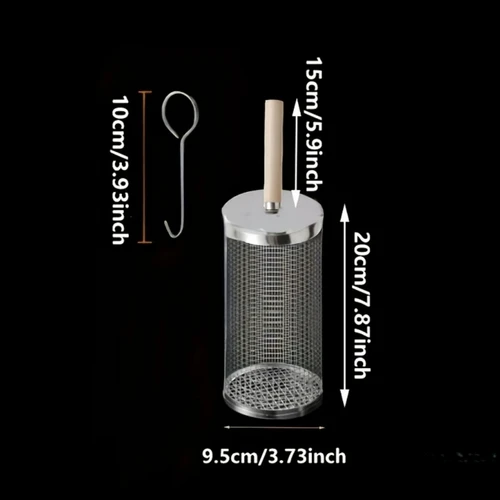 Imagen 2 del producto Jaula para barbacoa rodante con mango de madera, cesta para barbacoa al aire libre, tubo para barbacoa de acero inoxidable, red para barbacoa