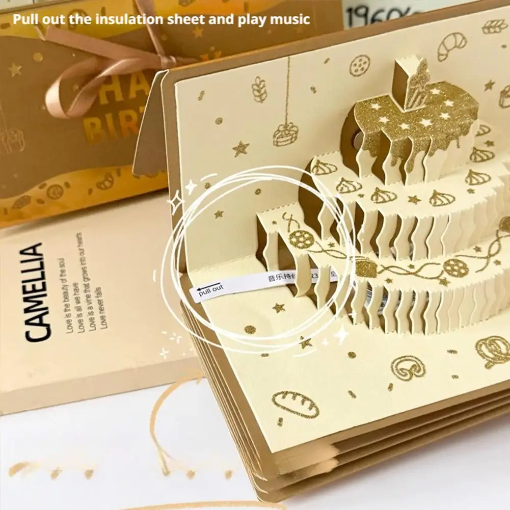 بطاقة عيد ميلاد خفيفة للموسيقى ثلاثية الأبعاد، بطاقة تهنئة كعكة منبثقة إبداعية، بطاقة رسالة هدية لحفلات أعياد الميلاد مع مغلف