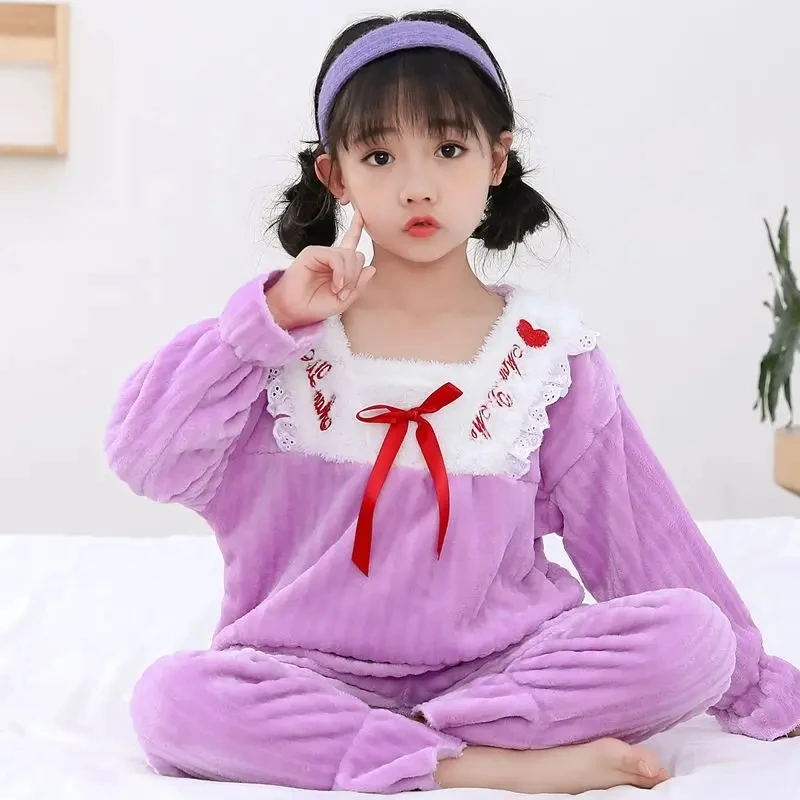 Princess Style Children Pajamas Set Simple Pure Color Flannel Girls Long-sleeved Pajamas Autumn Winter Baby Warm Home Clothes