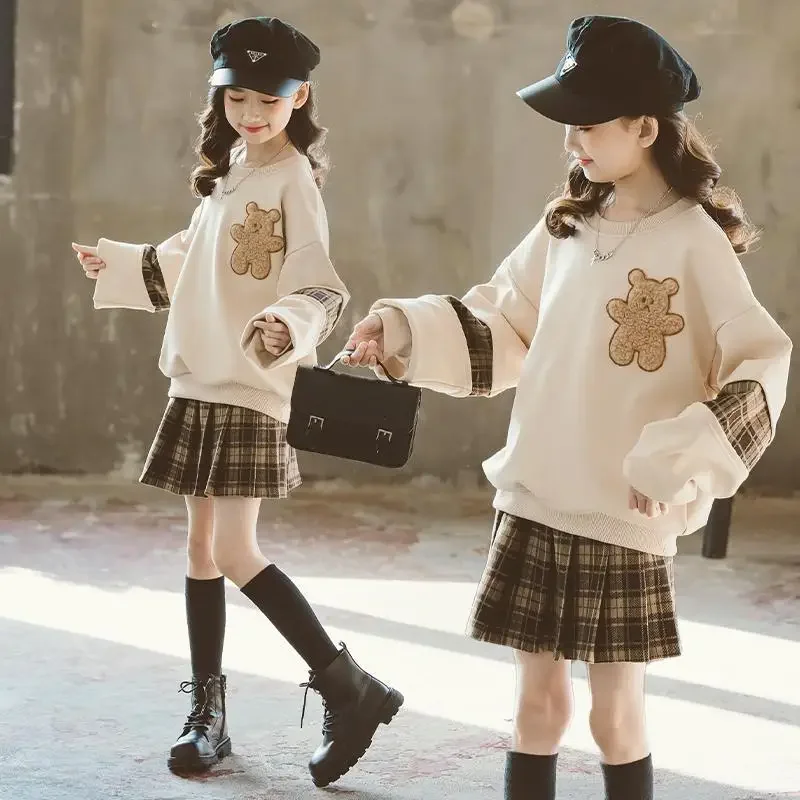 autumn winter Girls Clothes teenager bear hoodie t shirt + plaid shorts JK pleated skirt uniform 4 5 6 7 8 9 10 11 12 years