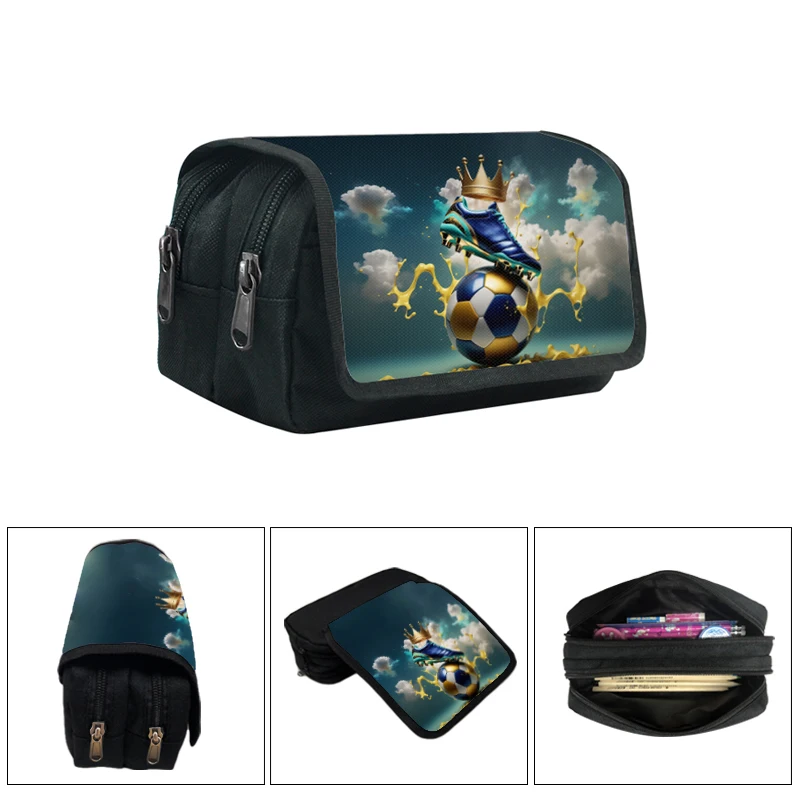 Cool Soccer with Crown Graphic Pencil Case Football Pattern Stationery Bag Large Capacity Pencil Bag for Office School Supplies