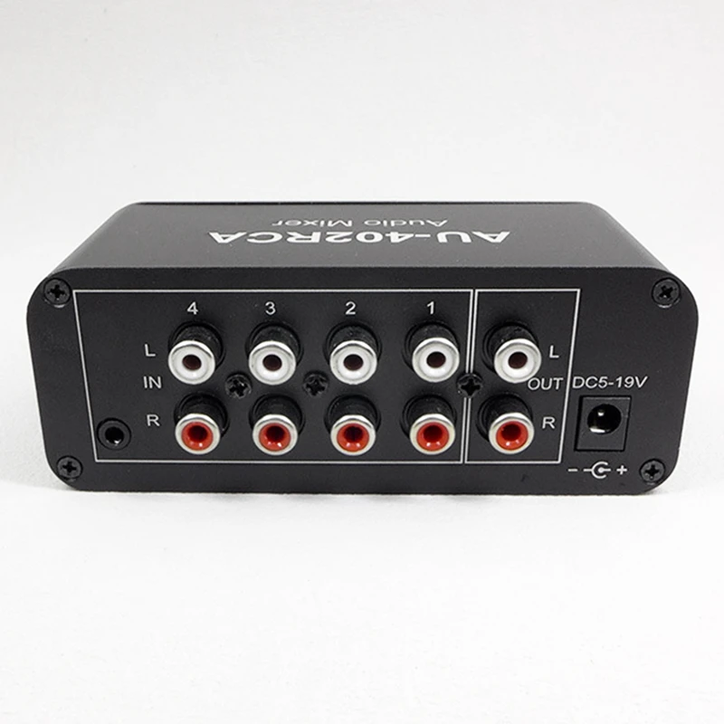 AU-402RCA Stereo Audio Mixer Multi-Channel Audio Source Reverberator Volume Control 3.5Mm Headphone Driver 4 Input