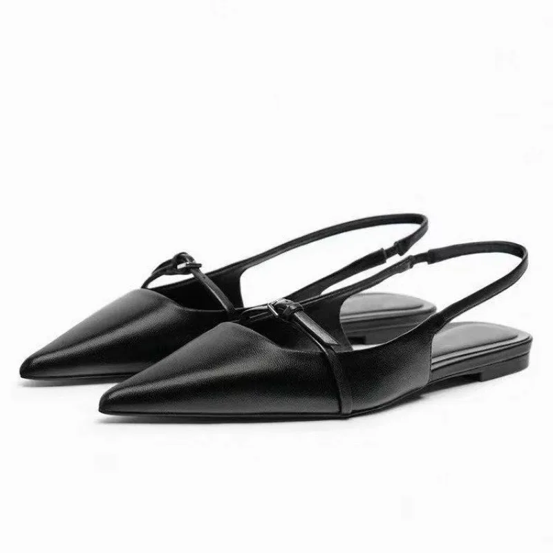 2024 New Bling Women Sandal Fashion Pointed Toe Shallow Slip on Ladies Elegant Slingback Shoes Med Heel Flat Shoes