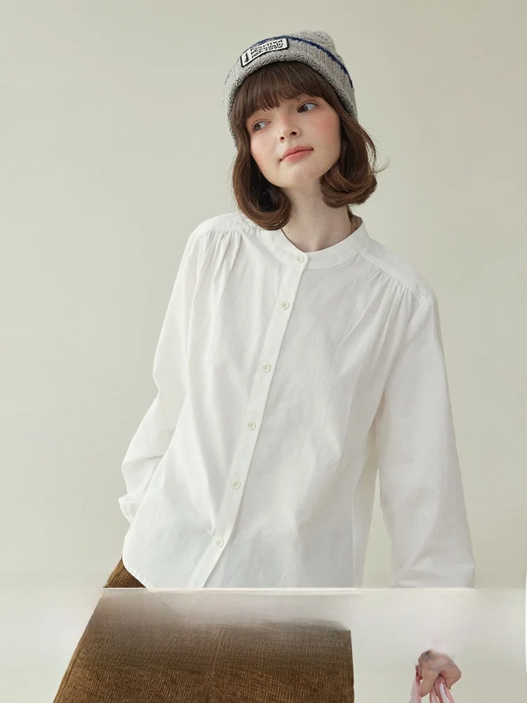 

AMUU Original Pure Cotton Stand Collar Loose Women's irt Sve Cuffs Winter New Sle Versatile Top Breathable Comfortable