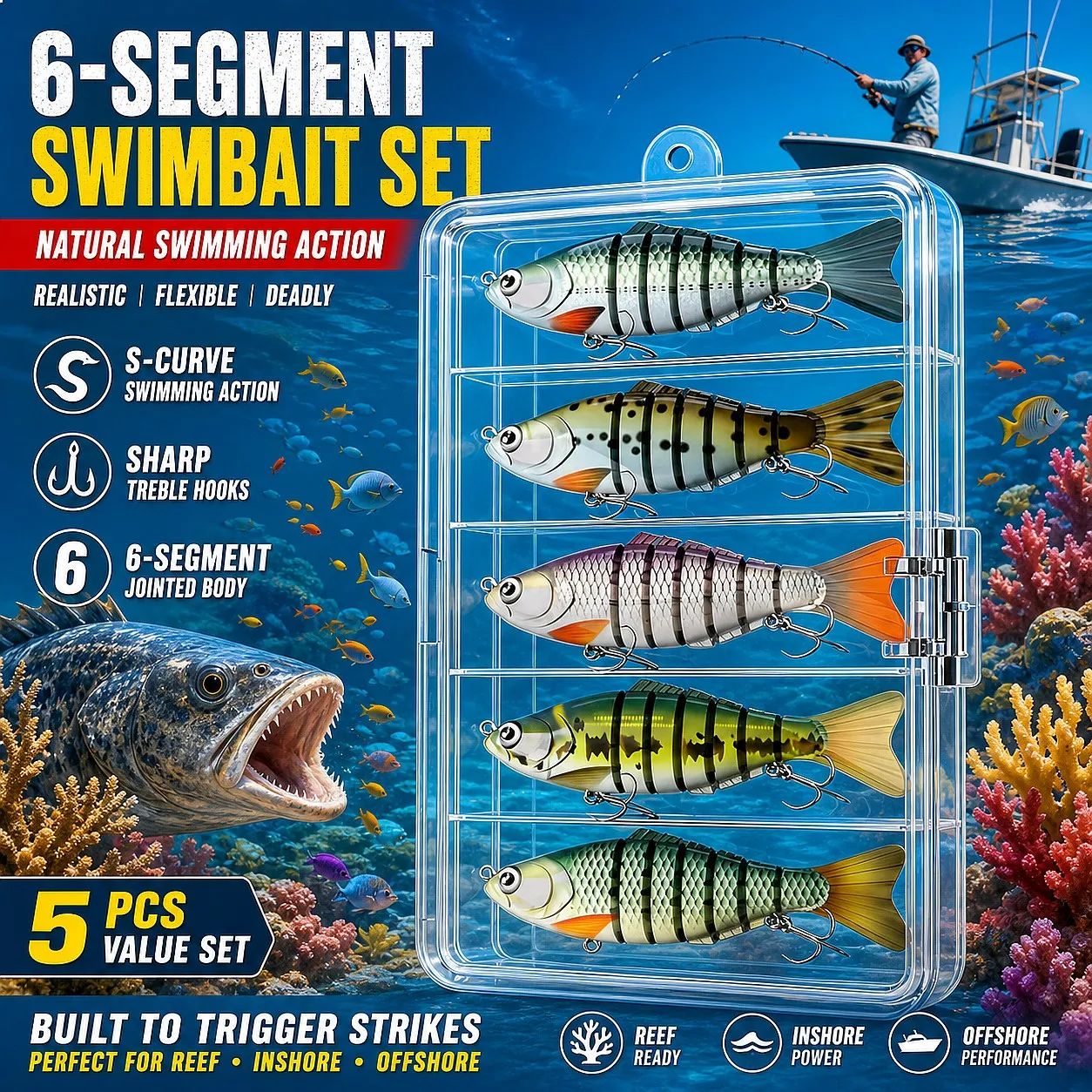 YQCCK Multi Jointed Swimbaits 5 Pcs Full Sinking S Shaped Predator Target Artificial Bait Storage Box for Bass Trout