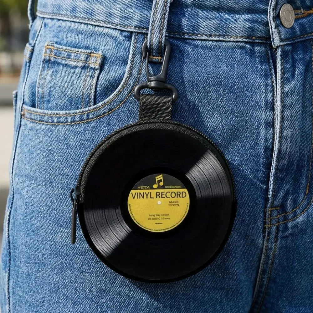 Creative Vinyl Record Pattern Mini Coin Purse PVC Water-resistant Earphone Bag Portable Lightweight Storage Bag Friends Gift