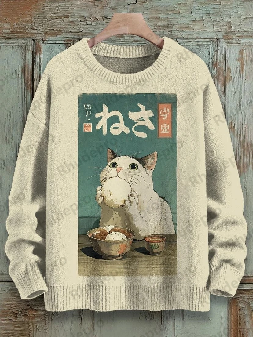Men's Black Cat Tasting Tea Japanese Tea Ceremony Art Print Knit Sweatshirt Women For Men Sweater Roupas Masculinas