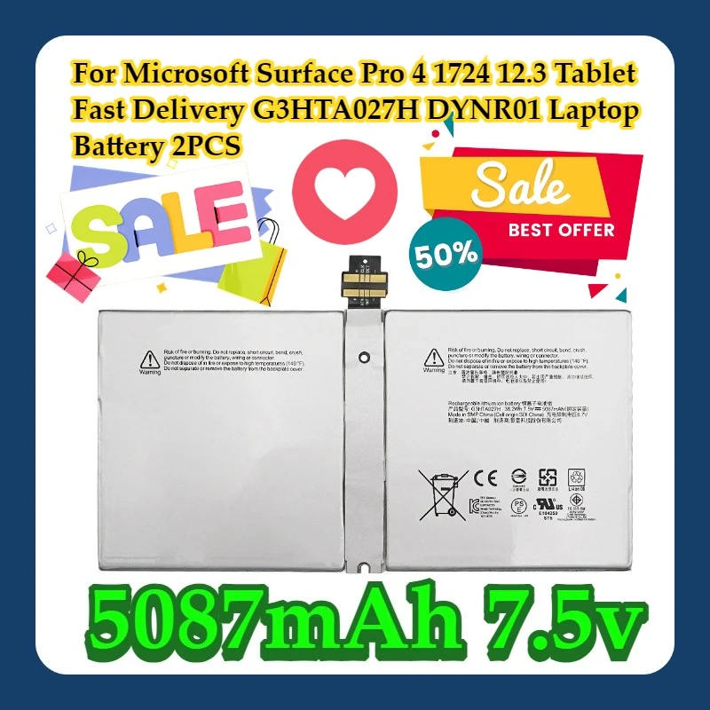 

For Microsoft Surface Pro 4 1724 12.3 Tablet 5087mAh Fast Delivery G3HTA027H DYNR01 Laptop Battery 2PCS