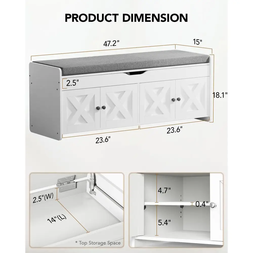 Shoe Storage Bench, 47.2 Long Entryway Bench with Cushioned Seat amp Lift Top Storage, 4 Doors, Adjustable Shelf, 300 lbs Capac