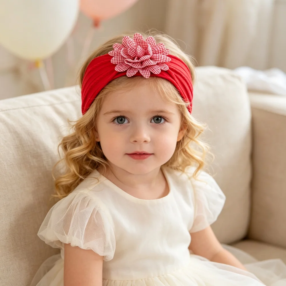 Gingham Flower Baby Headband Soft Cable Knit Elastic Hairband for Newborn Girl Plaid Floral Baby Turban Toddler Hair Accessories