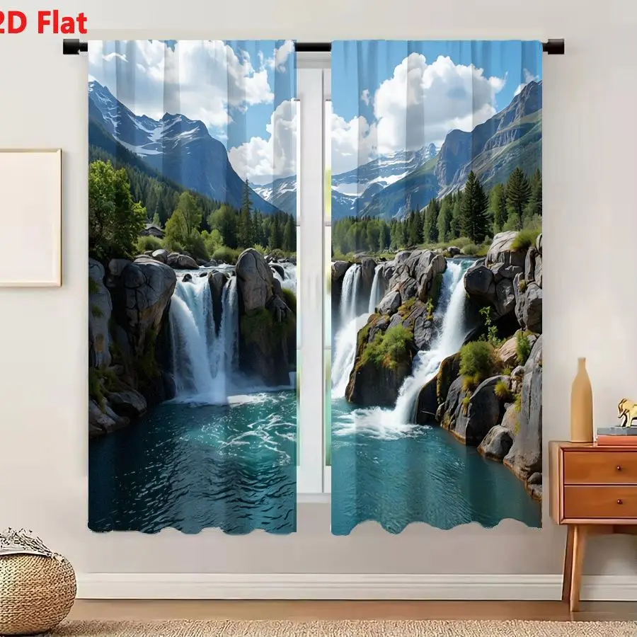 2Pcs Curtains 2D Flat Breathtaking Mountain Landscape With Waterfall Turquoise Pool Snowy Peaks And Evergreen Forest Window Drap