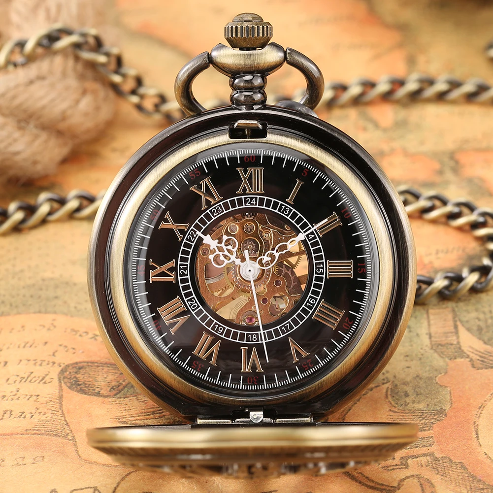Bronze Hollow Mechanical Hand Winding Pocket Watch Roman/Arabic Numerals Dial Retro Fashion Fob Chain Pendant Timepiece Gift Men
