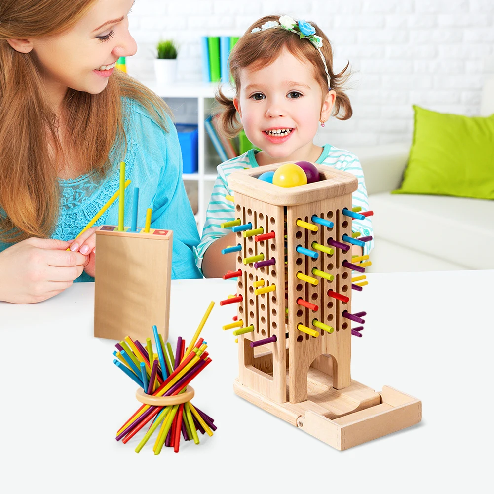 3-In-1 Family Fun Ball Drop Game Wear Resist Montessori Wooden Board Game Parent-Child Interactive Game Color Cognition Puzzle