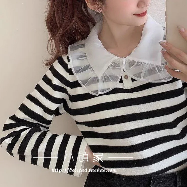 Japanese Girl Sweet Striped Sweater Womens French Vintage Doll Collar Short Knitted Pullovers Office Ladies Casual Sweater Tops