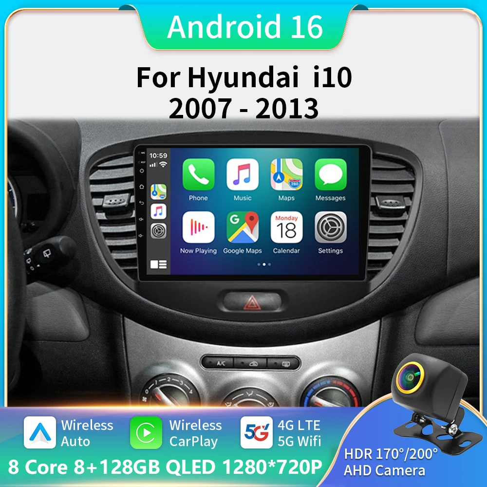 

Автомобильный радиоприемник 2 Din для Hyundai i10 2007 2008 2009 2010-2013, стерео мультимедийный плеер, Android 13 4G, GPS-навигация, 2din Carplay