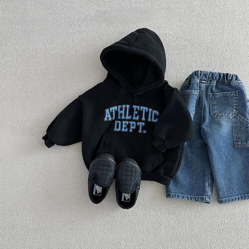 2025, Winter Neue Kinder Hoodie Plus Samt Dicke Mädchen Jungen Buchstaben Mit Kapuze Sweatshirt Baby Warme Fleece Tops Kinder Casual Kleidung – Detail 4