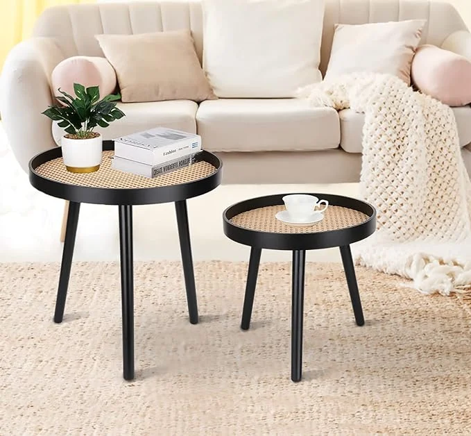 Round Coffee Table Set of 2 Pieces, Black Bohemian Coffee Table, Small Medieval Modern Rattan Coffee Table,