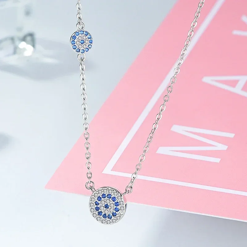 TONGZHE Women Necklace Long 925 Silver Sterling Jewelry Blue Stone CZ Evil Eye Pendant Necklace For Women Link Chain Koyle 3