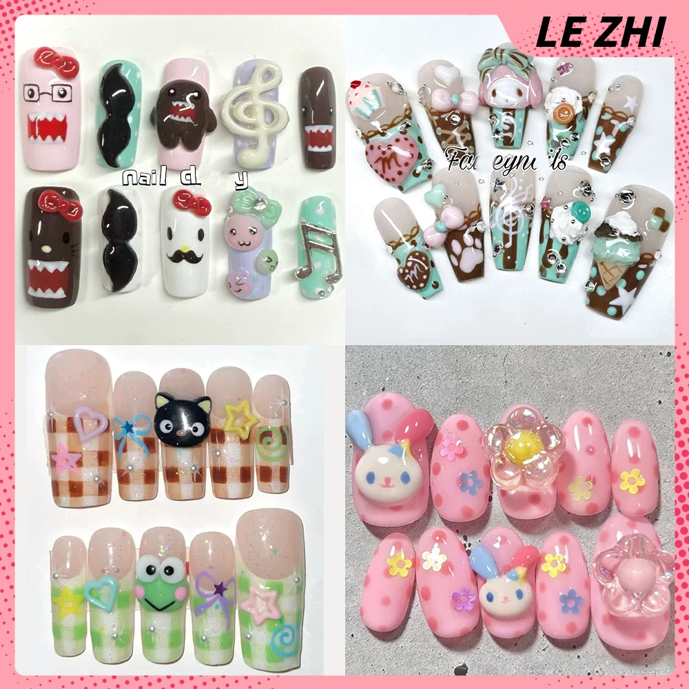 

10Pcs Y2K Cartoon Animation Sanrio Hello Kitty Rilakkuma Handmade Press On Nail 3D Kawaii Bowknot Flowers Polka Point Fake Nail