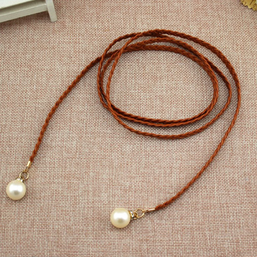 

Women Belt Style black Waist Chain Hemp Rope Braided Big Pearl Dress Belt Casual Thin Belt For Dress Candy Color Women