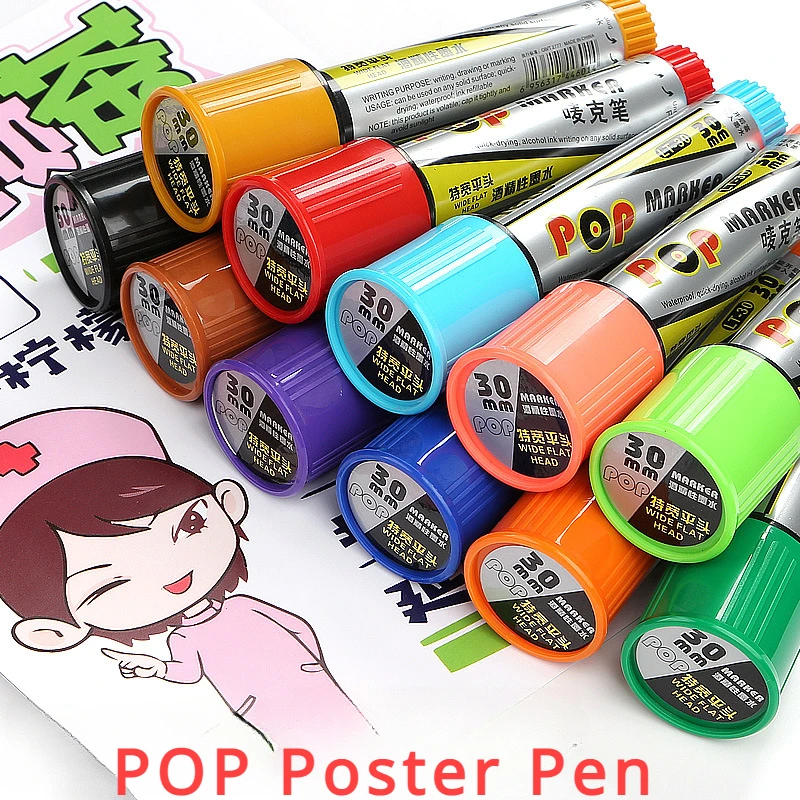 

12 Colors Pop Pen Flat Head Markers Set 20/30mm Poster Pen for Advertising Students Graffiti Markers Office Oil-based