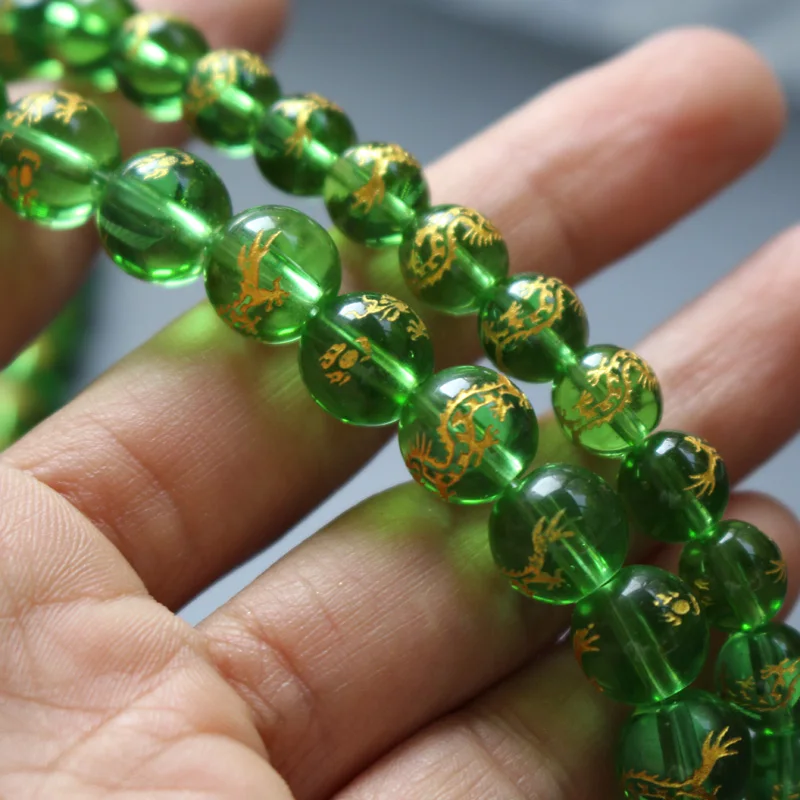 10Piece/lot 8mm 10mm Glass Beads Green Color with Carving Gold Dragon  Fashion Beads For Jewelry Making