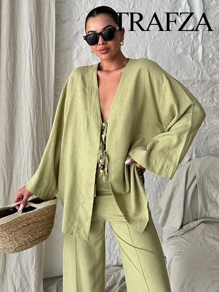 TRAFZA 2024 Women 2 Piece Set Fashion V-Neck Long Sleeved Lace-Up Cotton And Linen Kimono Jacket+Elastic Waist Linen Pants Mujer