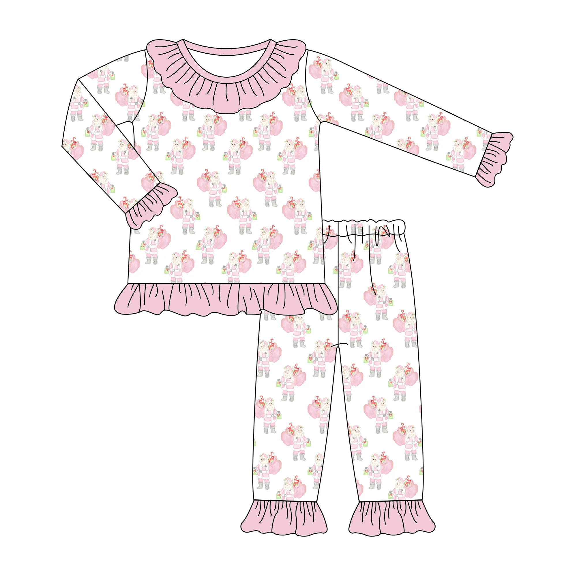 Christmas Long Sleeve Baby Romper Set with Cartoon Prints Lace Includes Long Pants - 5 Piece Set Girls Boutique Children's Set