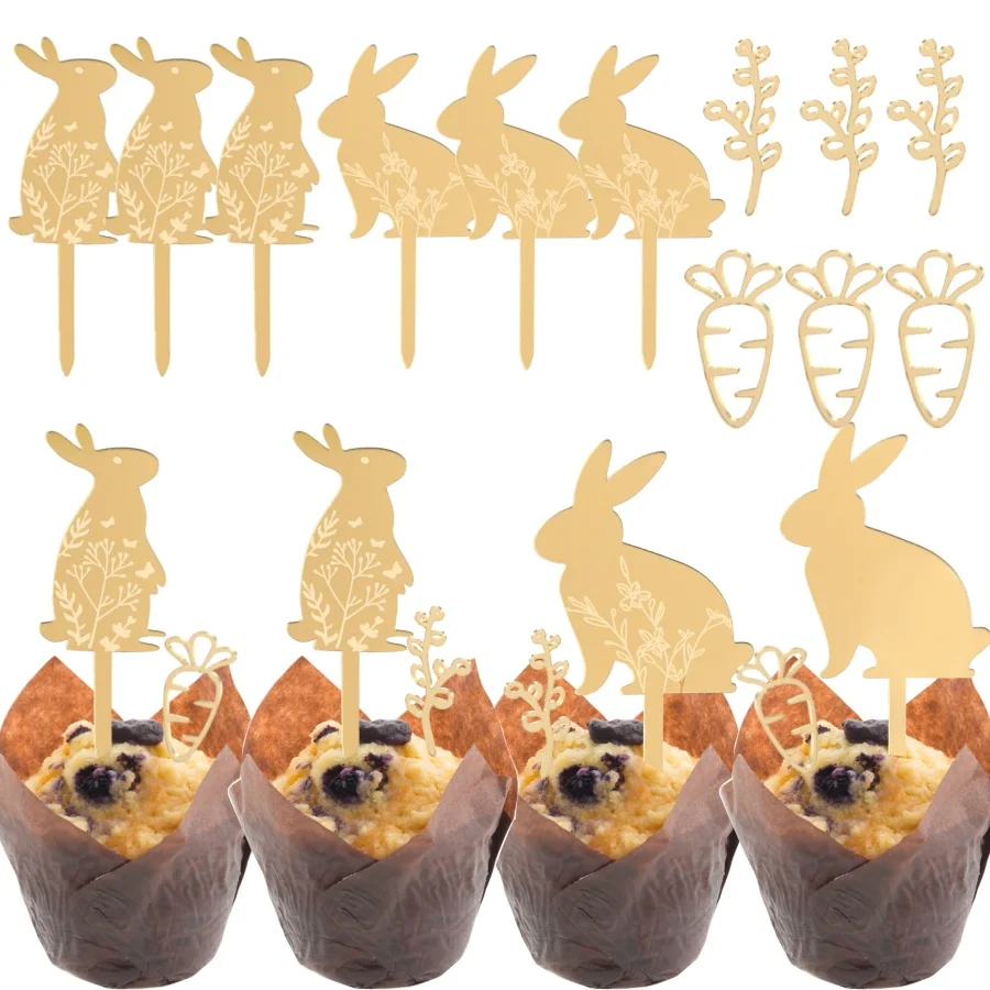 3/5 stücke Ostern Gold Acryl Kuchen Topper Spiegel Gesicht Niedlichen Häschen Hohl Karotte Pflanze Frühling Ostern Party Backen Cupcake Dekoration