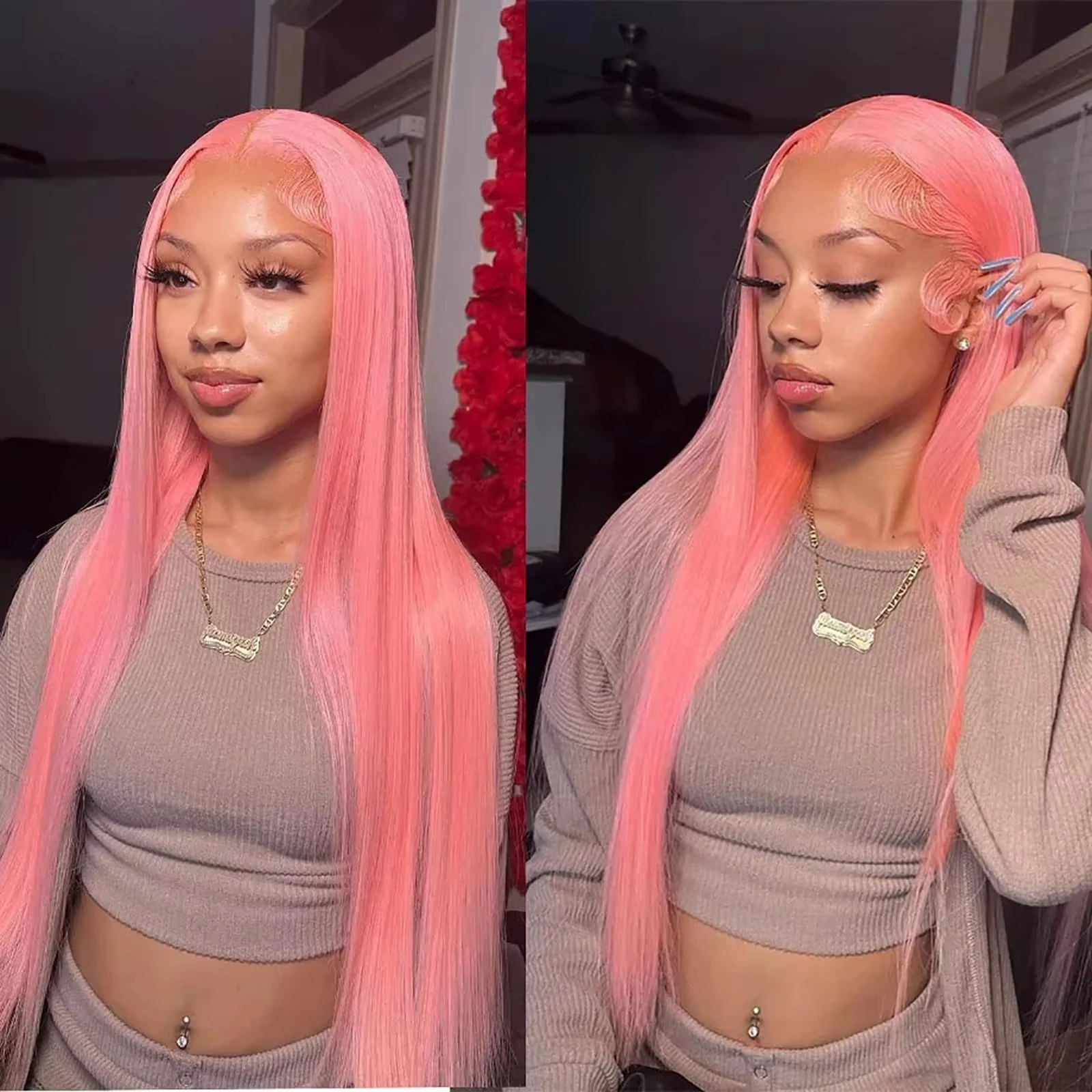 Pink Straight Lace Front Wig Human Hair 13x4 Hd Transparent Lace Frontal Wigs Human Hair Wigs for Black Women Hot Pink Human Hair Straight Wig - view 5