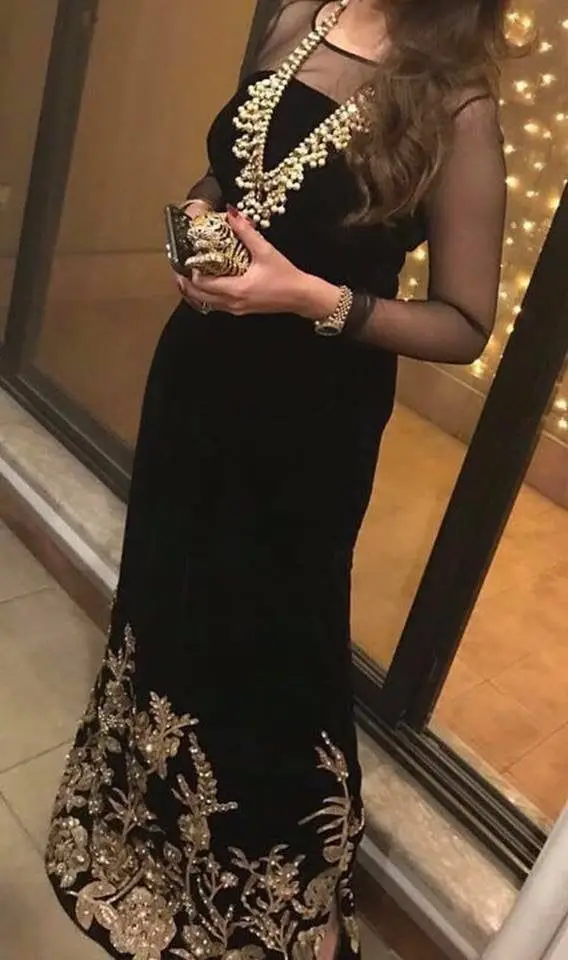 Full Sleeve Black Straight Evening Dresses With Gold Floral Lace Applique Beaded Elegant Long Prom Dress For Women Customized