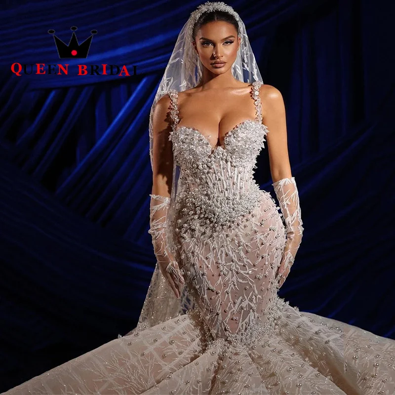 Vestidos De Novia De sirena con tirantes finos, sexys, De lujo, con encaje, perlas y lentejuelas, personalizados, L21WM, 2023