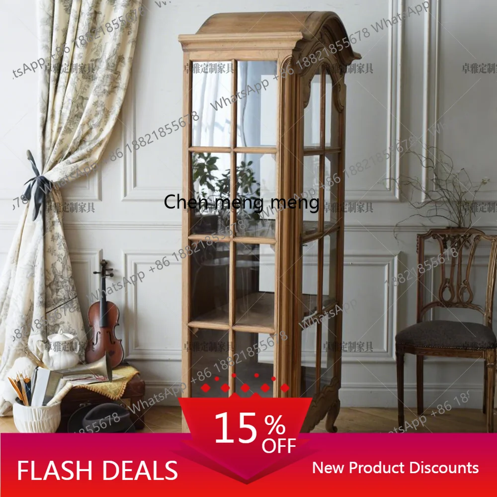 French retro solid wood home glass display cabinet home living room dining side cabinet engraved replica