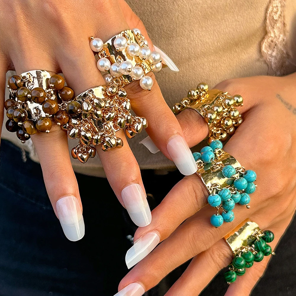 Image of Vintage farbige Edelsteine Perlen Kugel Quasten breiten Ring für Frauen Persönlichkeit übertrieben Metall offen Fingerring Schmuck Geschenk
