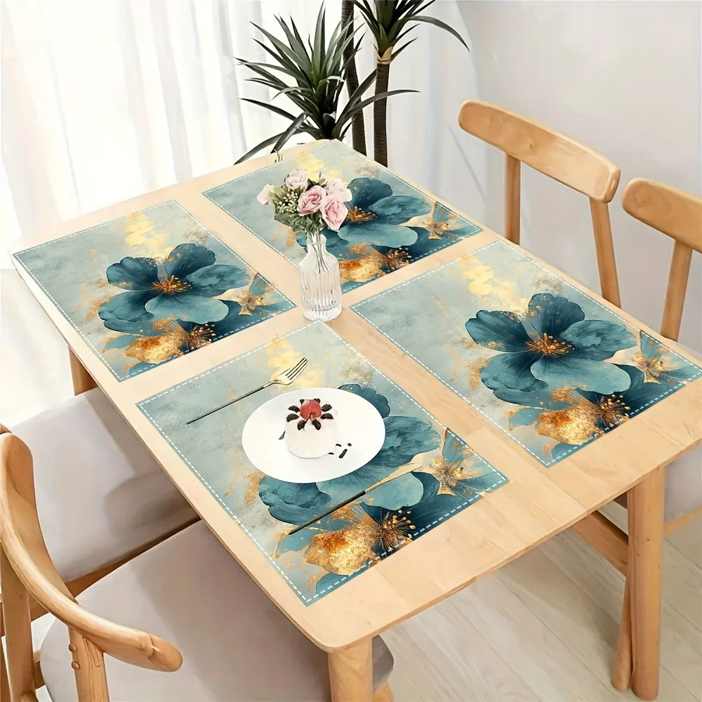4pcs Artistic Aquamarine & Golden Flower Abstract Graphic Placemats, 12x18 Inch Durable Linen, Heat Resistant & Easy to Maintain