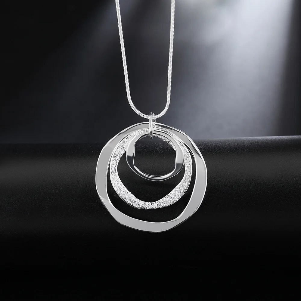 925 Sterling Silver 16-30 Inches Three Circle Pendant Chain Frosted Necklace For Women Fashion Wedding Party Charm Jewelry