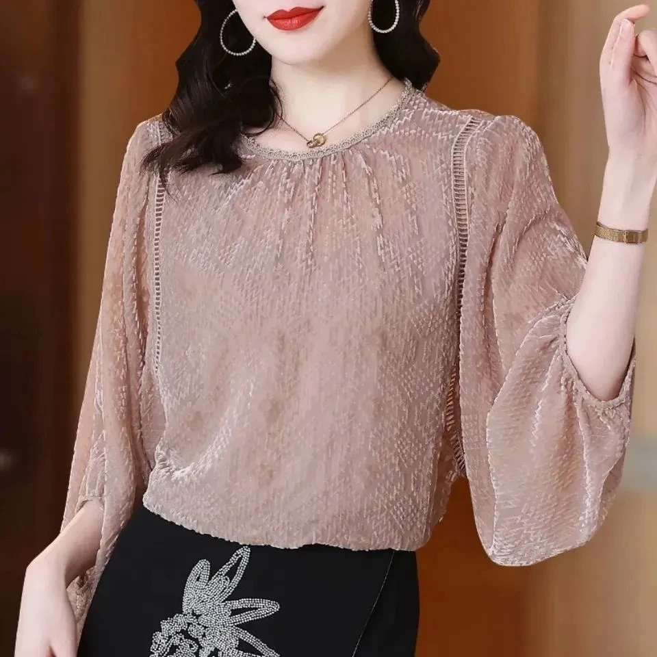 Chiffon Shirt Womens 2024 Summer New Fashion Temperament All-match Casual Blouse Women Large Size Loose Lace Pullover Top