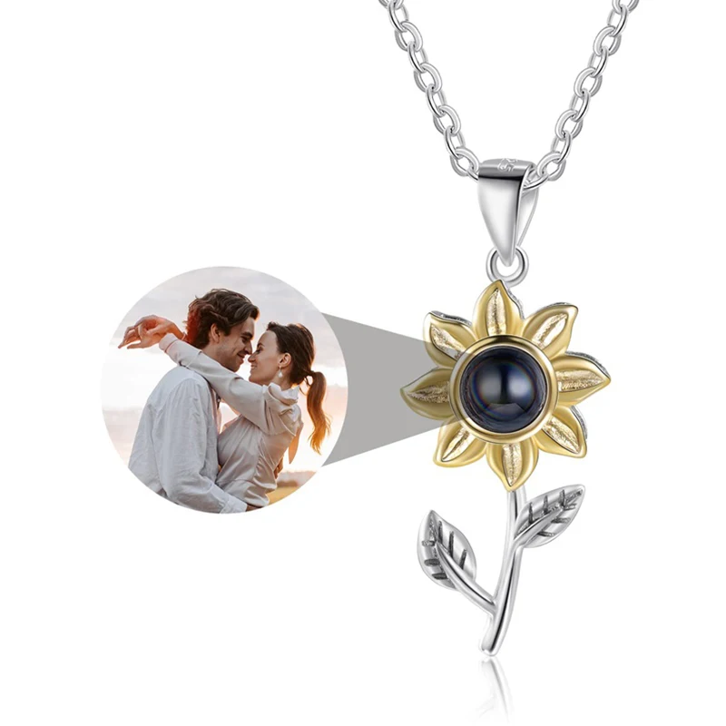 Personalized Customized Photo Projection Necklaces For Women Men Gold Sunflower Pendant Necklaces Gifts For her Memorial Jewelry