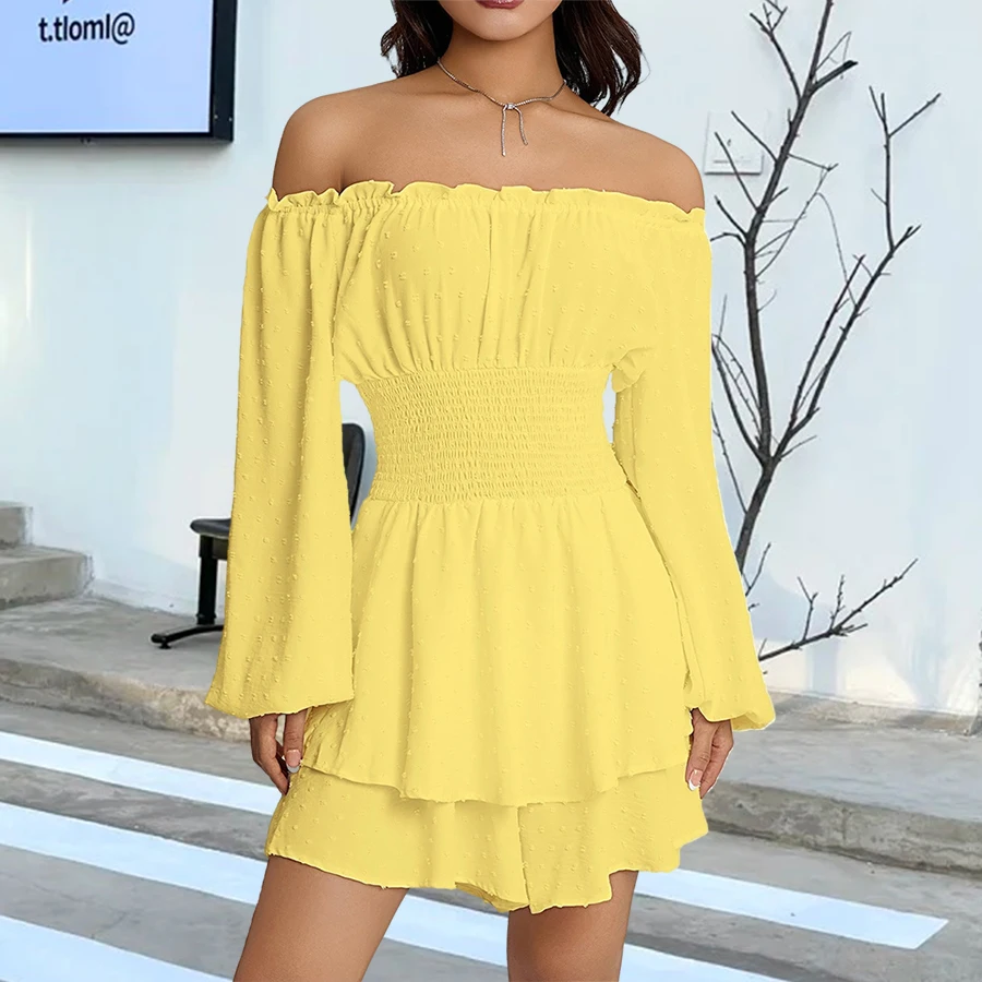 

Women Jumpsuit Shorts Off Shoulder Pleated Slash Neck Long Sleeve Casual Ruffle Siamese Solid Summer Ladies Thin Playsuits