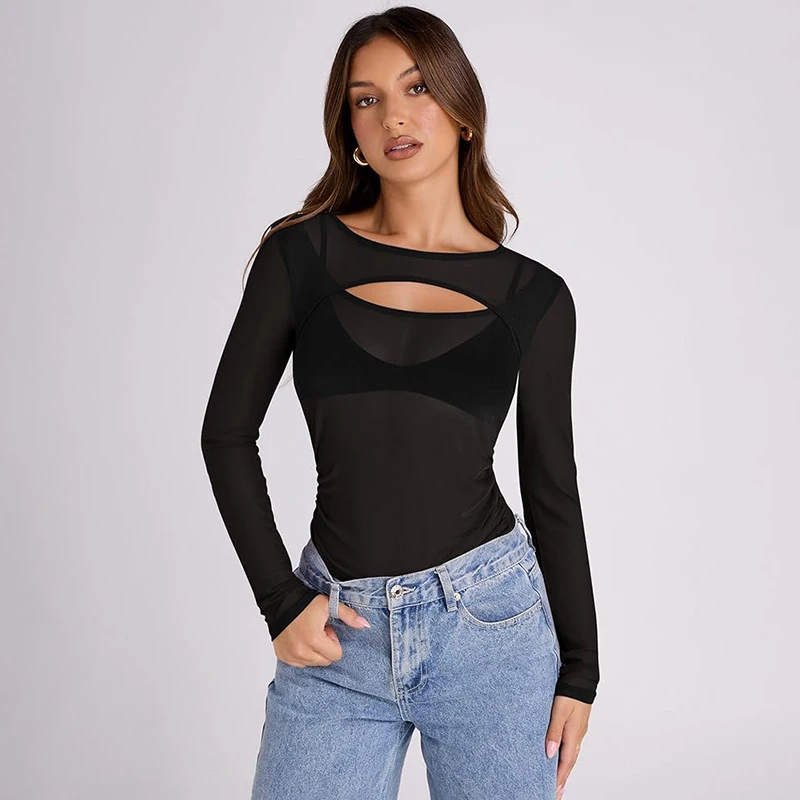 

Women's t-shirt fashion fall 2024 New mesh top Long sleeve tees See-through blouses sexy tops Hollow out basic Pleated pulovers