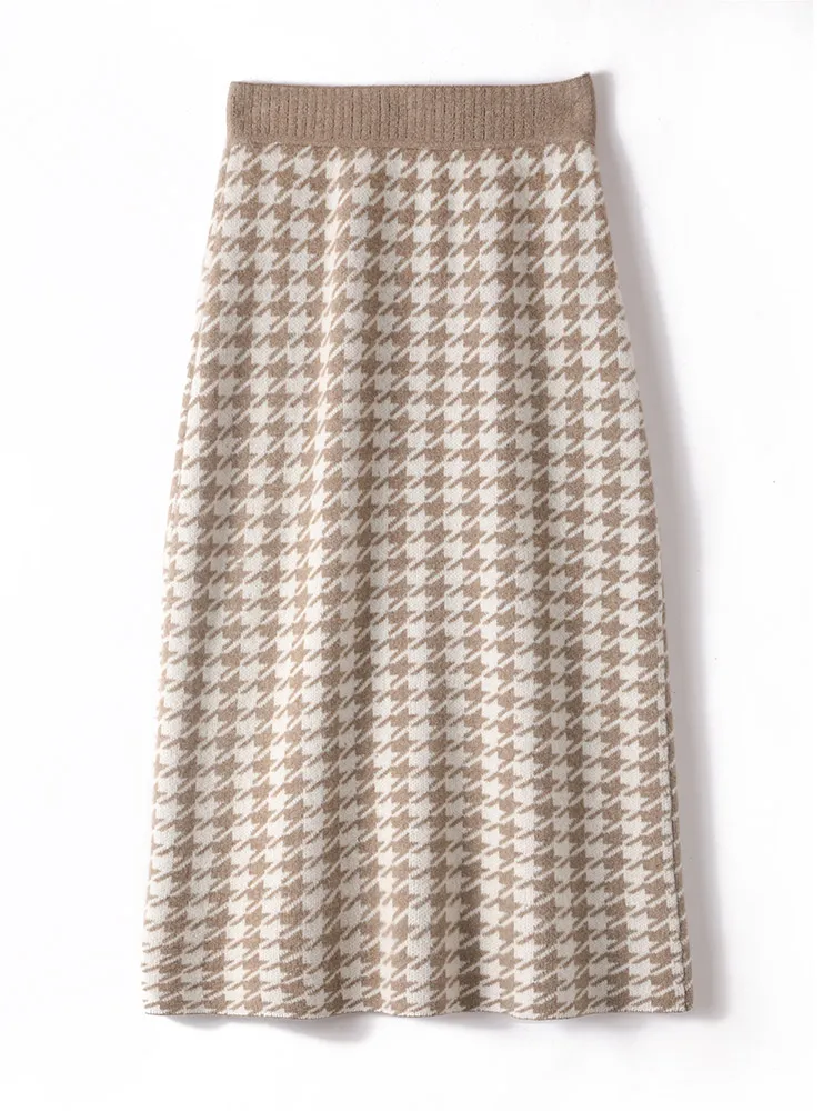 

Autumn Winter 100% Pure Wool Women’s Knitted Straight Skirt Mid-calf High Waisted Swallow Gird Slimming Intellectual Dress