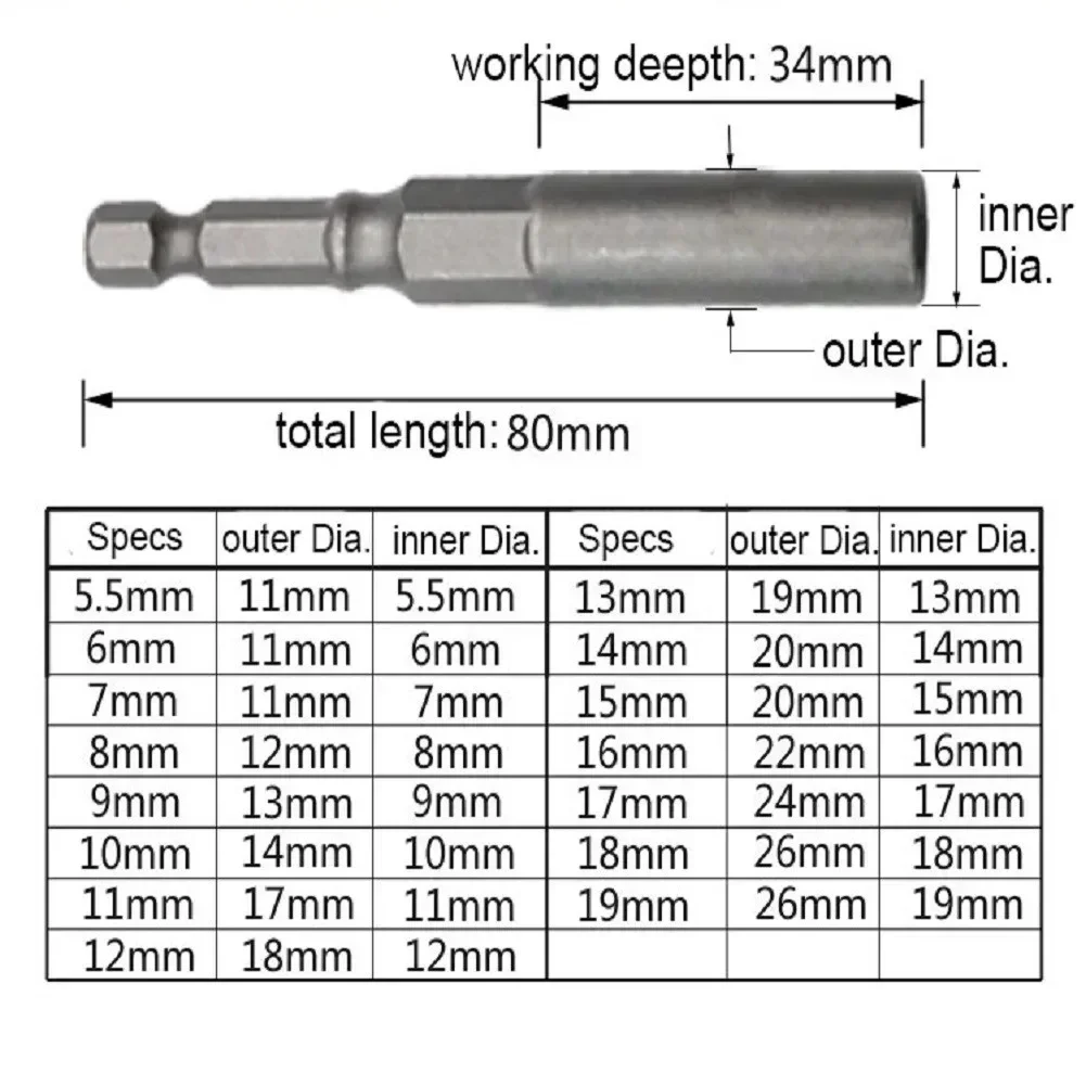 1pc 80/150mm 1/4 \'\'hex soquete 5.5-19mm porca driver soquete magnético para impacto elétrico porca parafuso chave de fenda brocas remoção