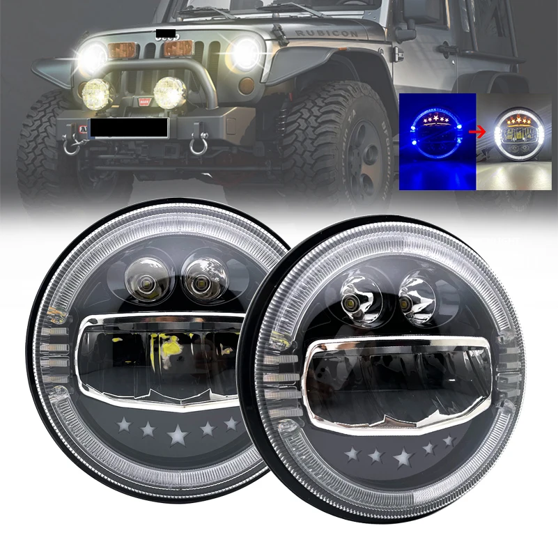 2Pcs LED Motorcycle Headlight 7 Inch Round Angel Eye Headlamp Assembly For Yamaha Jeep TJ JK Hummer Wrangler.