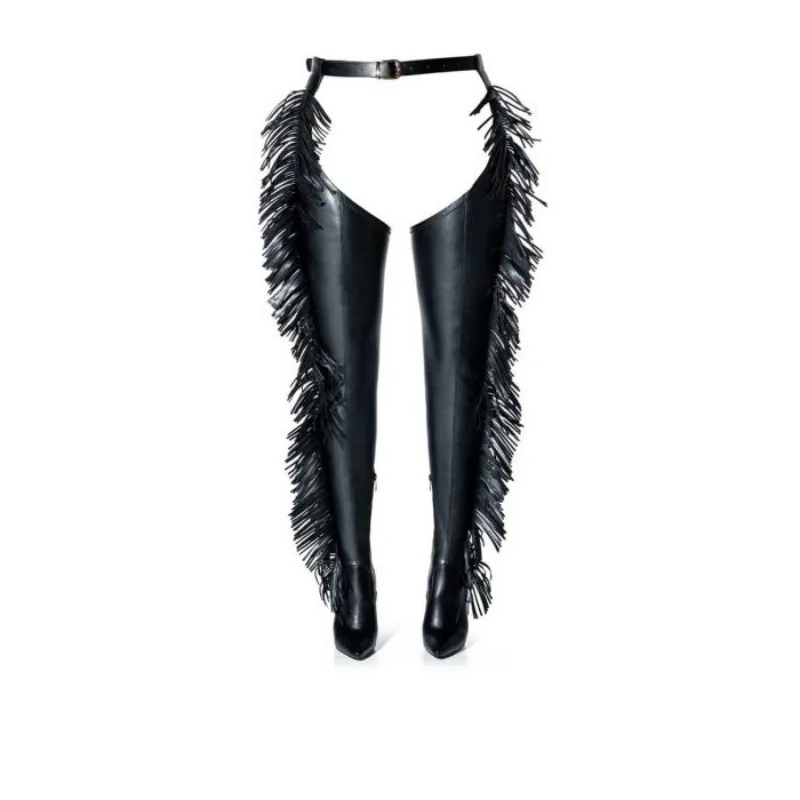 

Woman Luxury Boot Sexy Tassel Over The Knee Belt Boots Pointed Toe Thin Heel Side Zipper Black Leather Fashion Women's Shoes New