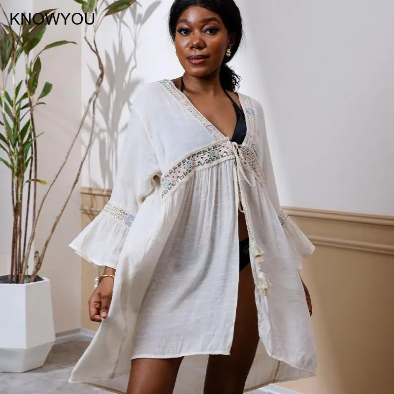 Weiß Beachwear Frauen Sommer Neue Cover Up Langarm V-ausschnitt Weiß Pareo Sonnenschutz Kleidung Kurze Spitze Up Kimono Kleid
