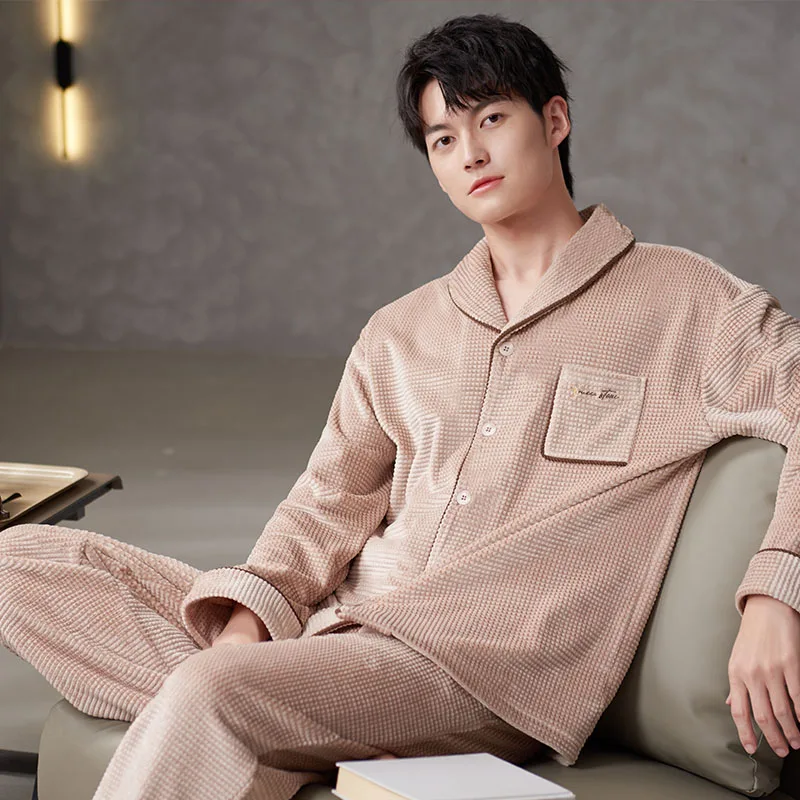 

Men's Pajamas Cardigan Island Fleece Autumn Winter Pyjamas Male Pijamas Hombre Sleepwear Long-Sleeve Solid Lounge Sleep Set