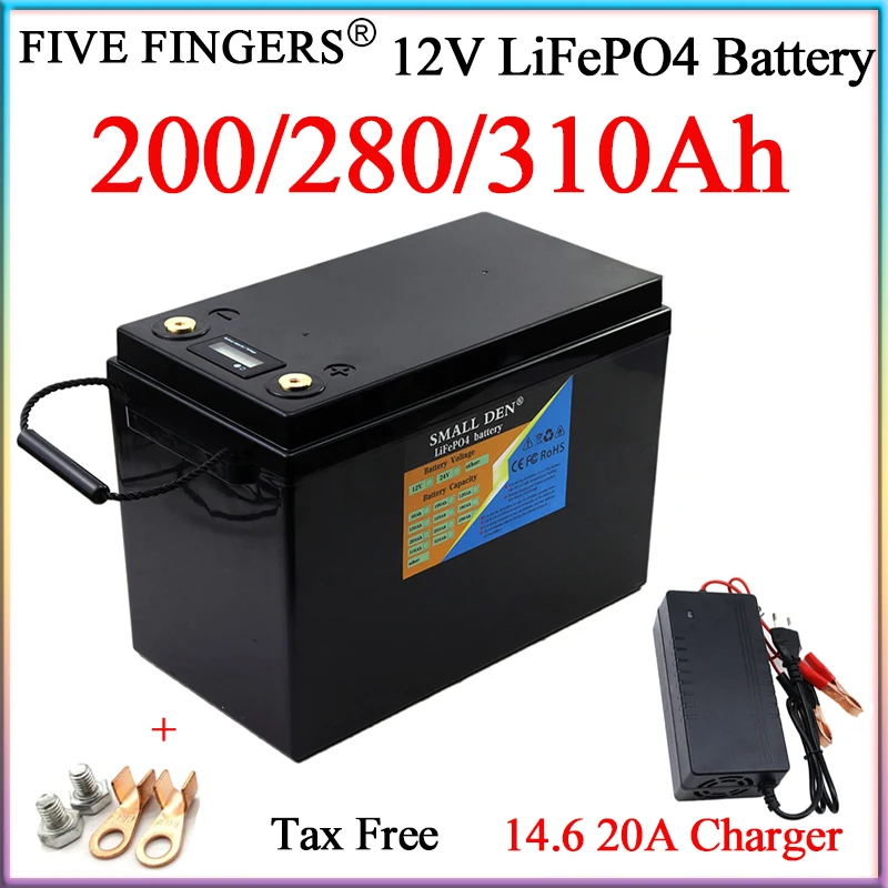 New 12V 200Ah/280Ah/310Ah LiFePO4 Battery Pack 1500W Built-in BMS For 12.8V Motor Solar Model Airplane Inverter+14.6 20A Charger